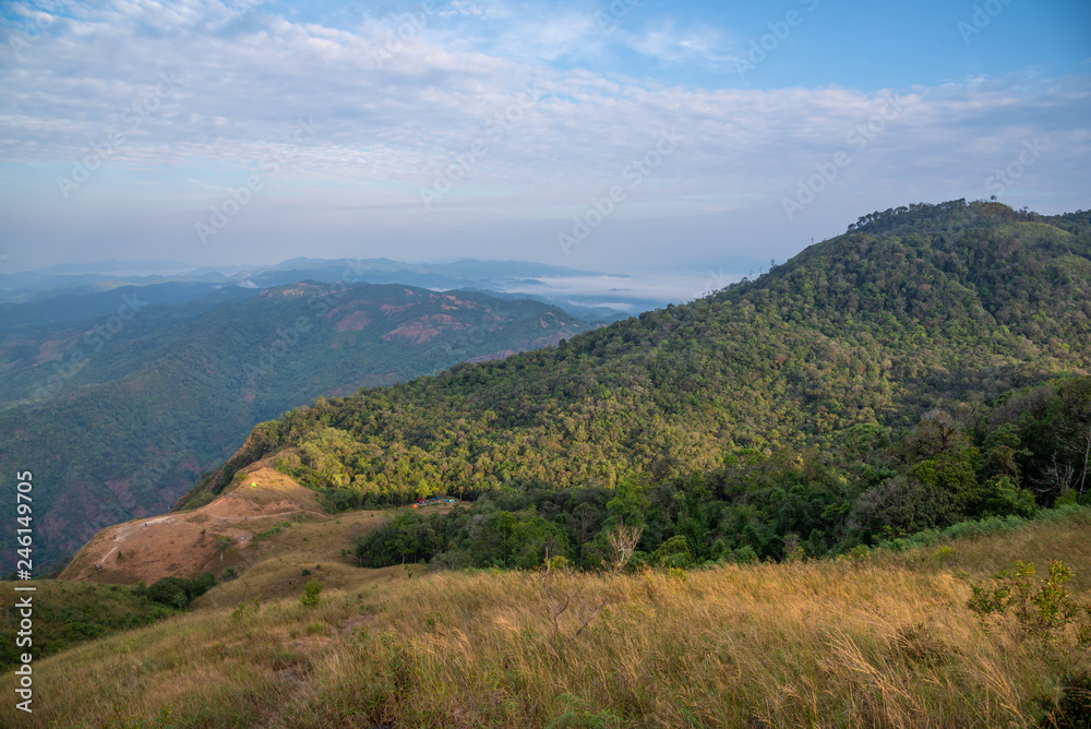 Fototapeta premium Landscape mountain valley nature forest with camping tents of northern Thailand.