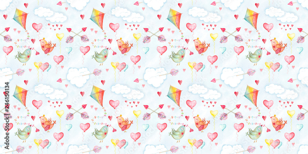 Saint Valentines day, seamless pattern with love symbols. Romantic illustration with birds, hearts and arrows, clouds and kites. Watercolor hand drawn decoration for background