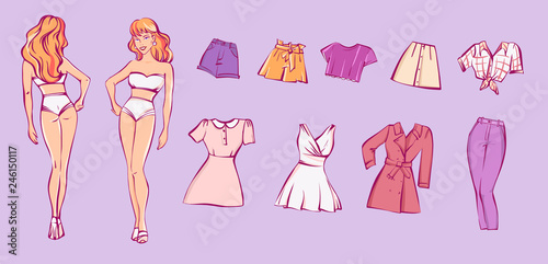 Paper doll with different dresses, vector illustration