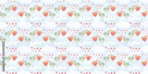 Valentines day seamless pattern with watercolor love kissing birds. Hand drawn illustration, romantic wallpaper in childish design