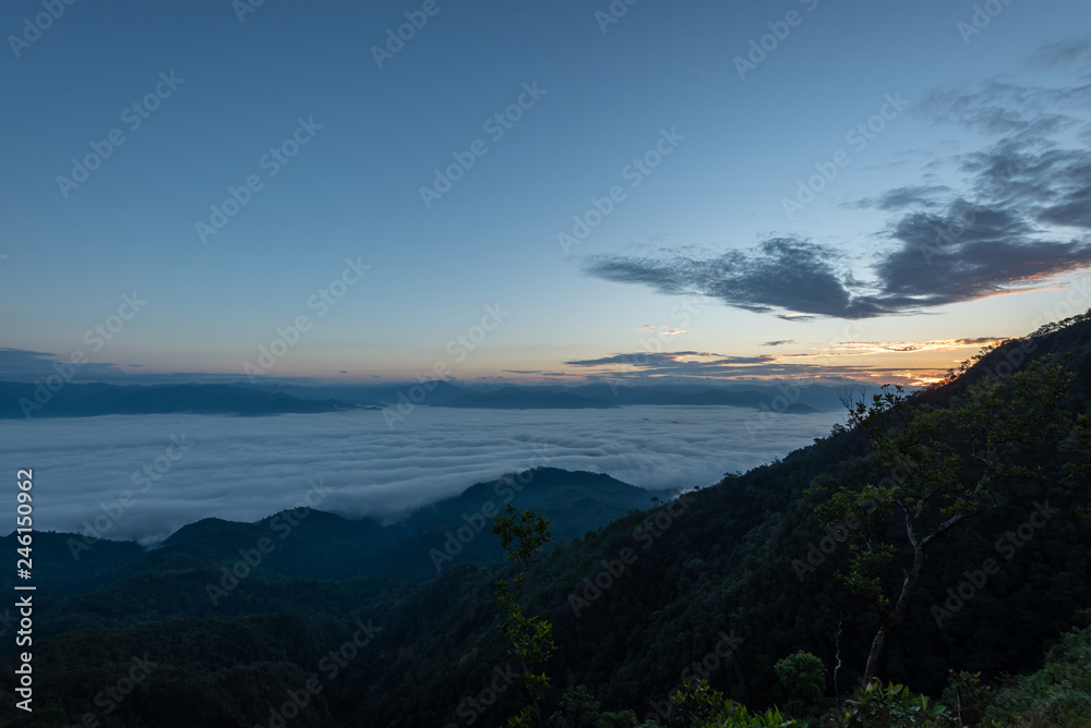fog and cloud mountain valley landscape on sunrise