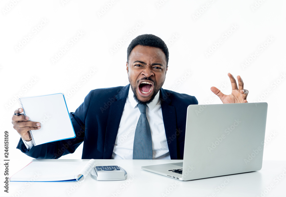 Portrait of angry and frustrated businessman shouting at laptop desperate, overworked and stressed Portrait of angry and frustrated businessman shouting at laptop desperate, overworked and stressed