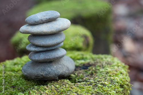 Closeup of stone balance on moss in the forest