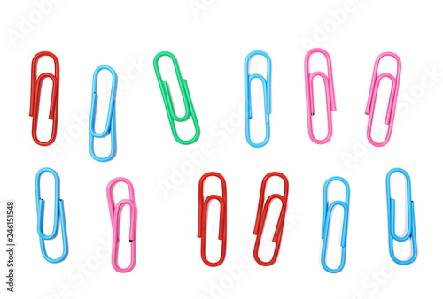 Colorful paperclip set and collection isolated on white background, top view