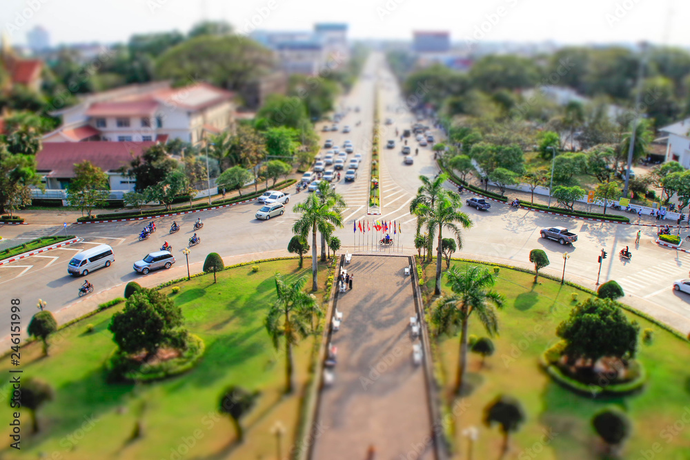 Vientiane - Laos, February 25, 2016: a view of the city from above from the central gates in tiltshift style