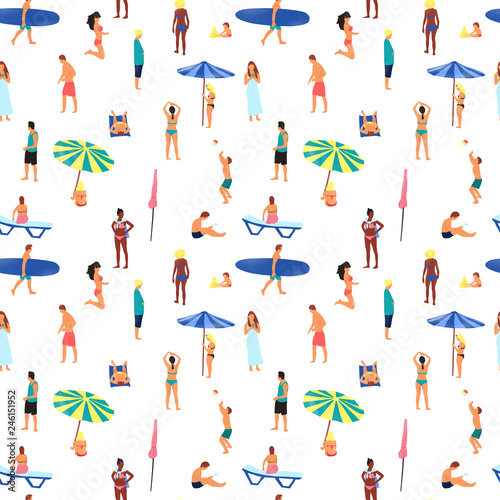 Hand drawn digital illustration seamless pattern background with figures of people on the beach in simple design