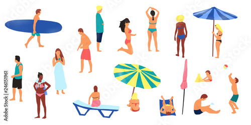 Hand drawn digital illustration set of figures of people on the beach in simple design