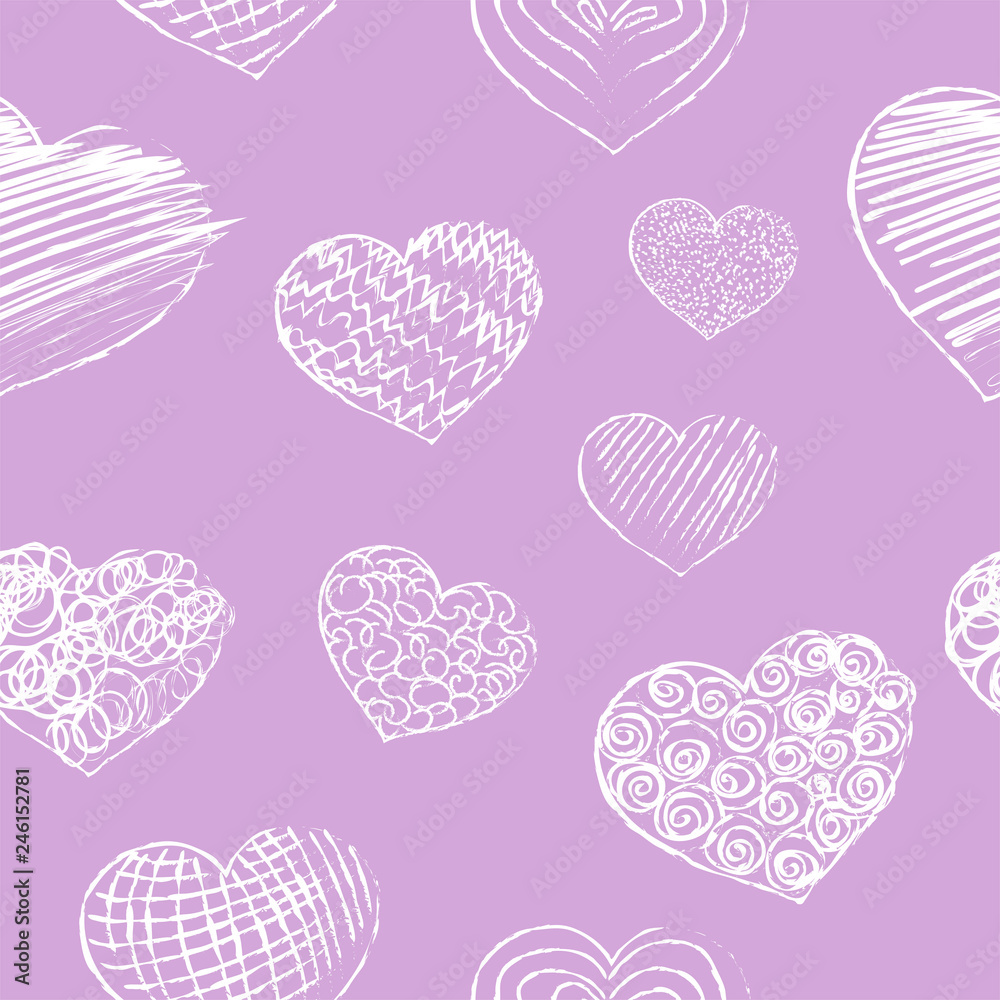 Romantic Seamless Pattern of Valentine`s Day. Heart, abstract shapes, decorative flowers, design elements for scrapbook