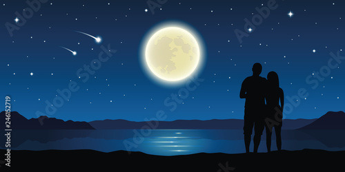 romantic night couple in love at the lake with full moon and falling stars vector illustration EPS10