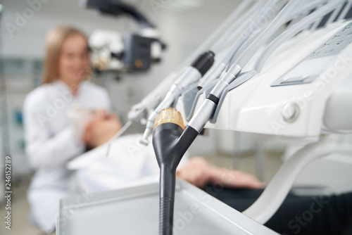 Dental professional equipment close up in clinic.