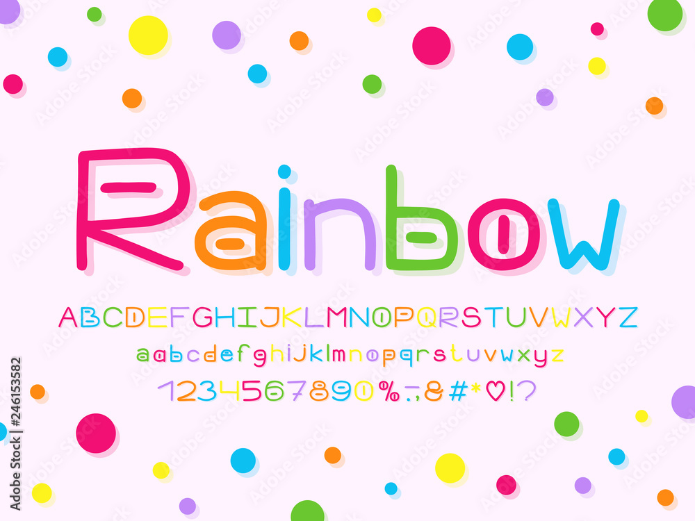 Rainbow Alphabet, hand drawn vector Letters, numbers and punctuation marks