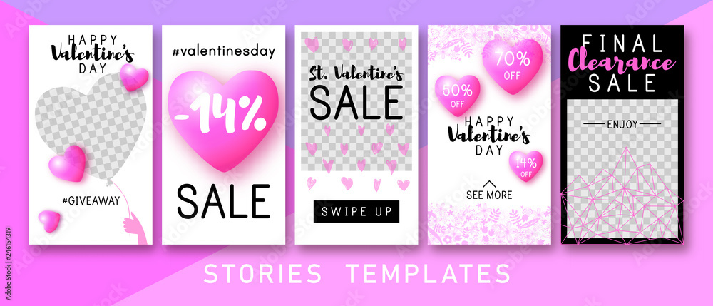 Stories templates. Spring sale. Clean & Modern. Instagram Valentine's day sale. Set of Valentine's day Instagram Sale Stories template. Streaming. Creative universal Editable cards in trendy style