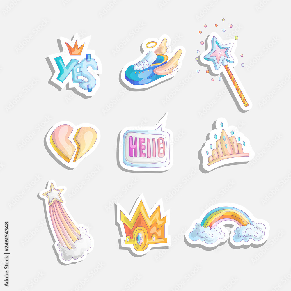 Cute girl princess icon set. Collection of cute princess stickers with sneakers, heart, tiara rainbow in clouds, magic wand. Princess and cute cartoon stickers set