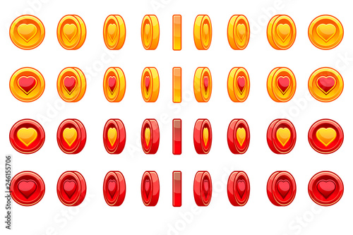 Game icons set of gold and red coin heart for Saint Valentine Day. Coin rotate set for animation. Vector illustration for game design.