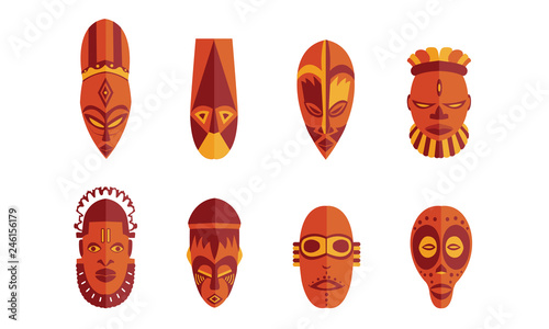 Ethnic masks set in Vector illustration. African tribal mask icon collection (Nigeria)