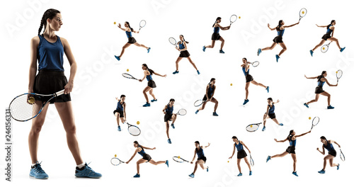 The collage about young woman playing tennis isolated on white background. Healthy lifestyle. The practicing  fitness  sport  exercise concept. The female model in motion or movement