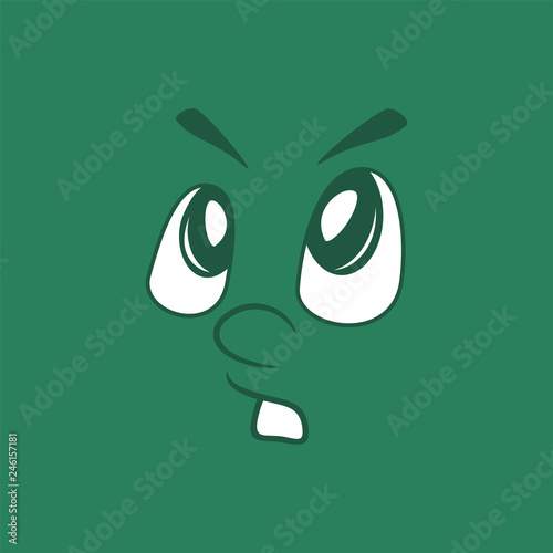 Lovely nice attractive face on a green background. Smilie boy angrily and terribly looks up. Flat design.