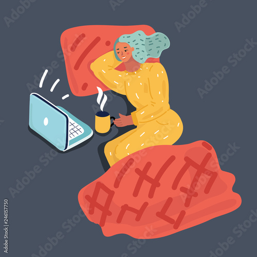 Girl at night lay on a bed with a computer.