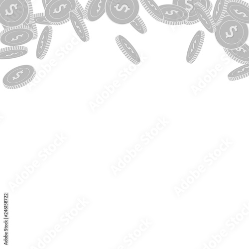 American dollar coins falling. Scattered black and