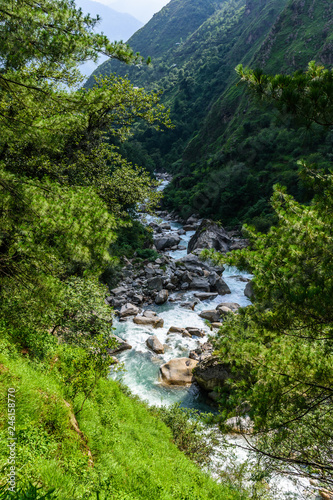 The lush green Tirthan valley & turquoise water flowing through the Great Himalayan National Park.