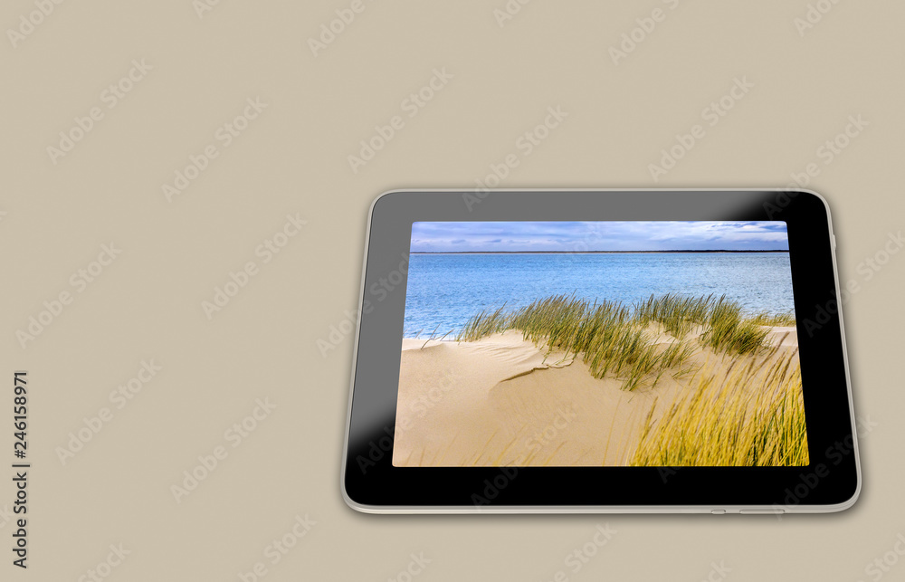 Fototapeta premium Generic Tablet with beach scene on display - 3D Rendering