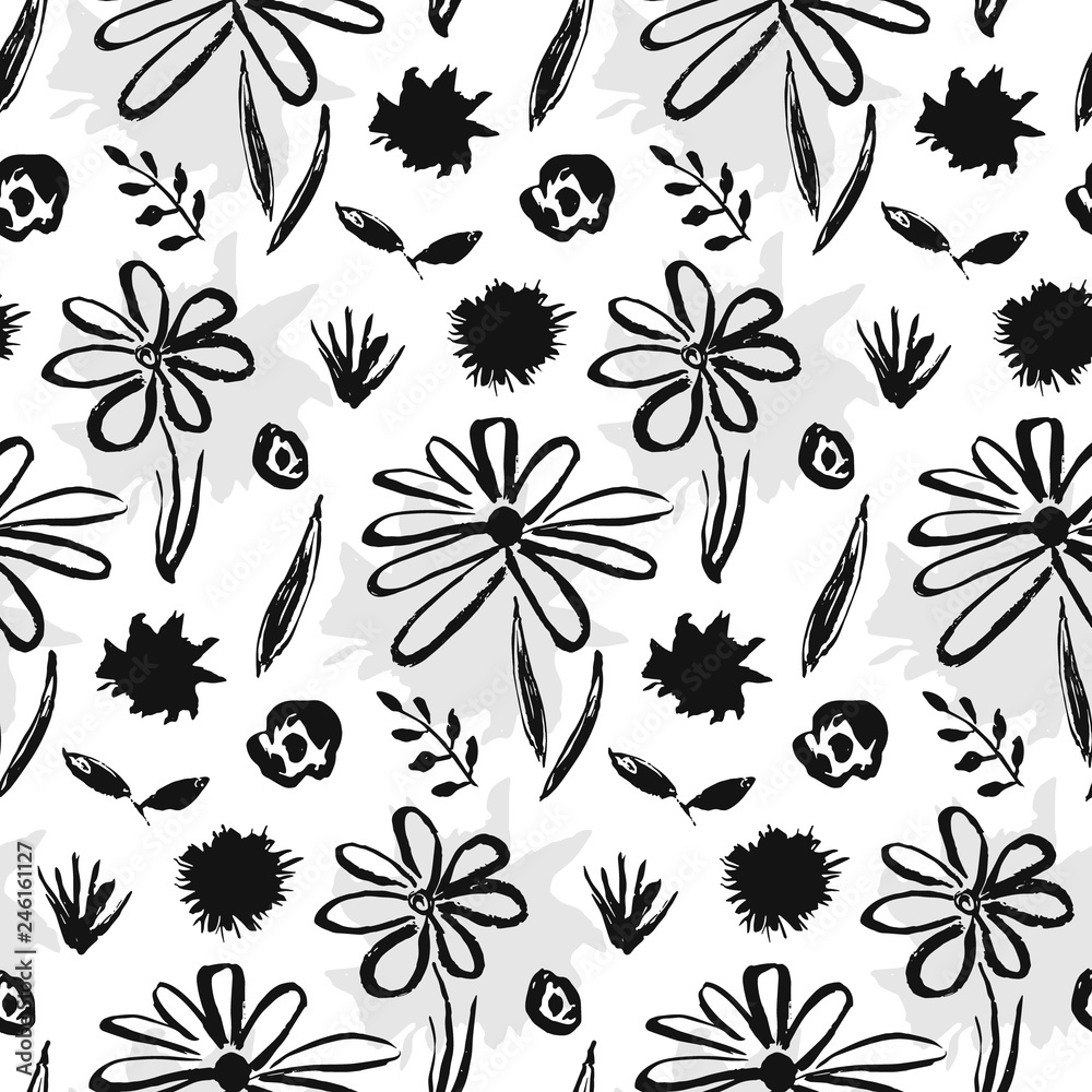 Contrast black and white seamless pattern with hand drawn inky flowers and leaves. Monochrome chinese ink floral elements texture for textile, wrapping paper, cover, surface, wallpaper Contrast black and white seamless pattern with hand drawn inky flowers and leaves. Monochrome chinese ink floral elements texture for textile, wrapping paper, cover, surface, wallpaper