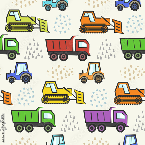 Cute kids seamless pattern with flat colorful industrial transport and abstract hand drawn shapes. Childish boys texture with cartoon dozer, tractor and dumper for textile, wrapping paper, wallpaper © Tatahnka