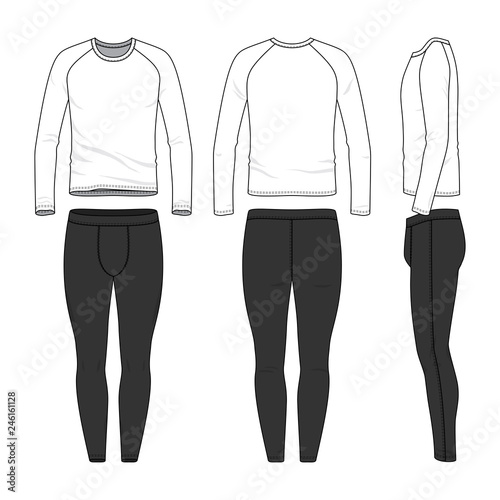Male sports clothing set. Blank template of raglan sleeves tee and joggers pants in front, back and side views. Casual style. Vector illustration for your fashion design. Isolated on white background.