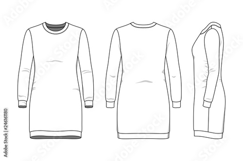 Female dress clothing set. Blank template of sweatdress in front, back and side views. Casual style. Vector illustration for your fashion design.
