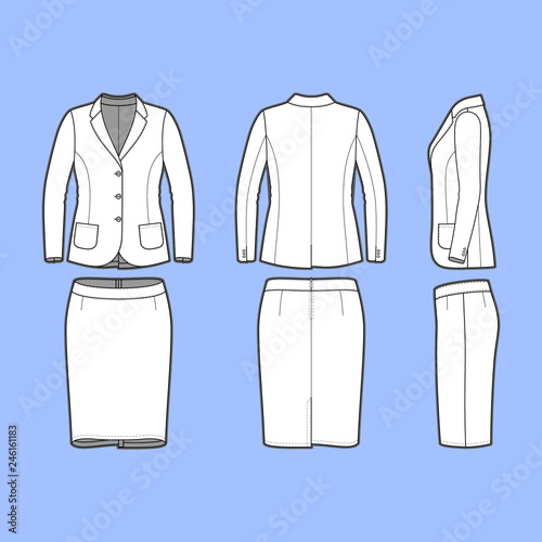 Female clothing set. Blank template of classic blazer and pencil skirt in front, back and side views. Casual style. Workwear suit. Vector illustration for your fashion design.