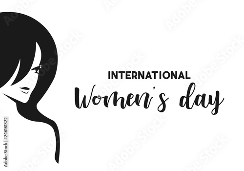 Happy Women's Day 8th March illustration, beautiful girl face smiling with celebration text quote. EPS10 vector.