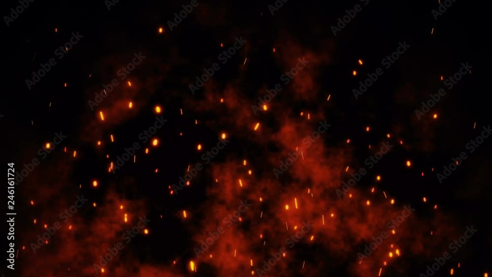Burning red hot sparks rise from large fire seamless loop. Backdrop of bonfire, light and life. 3D animation of fiery orange glowing flying ember particles on black background in 4k with alpha matte