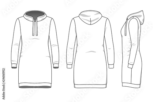 Female dress clothing set. Blank template of hood sweatdress in front, back and side views. Casual style. Vector illustration for your fashion design.