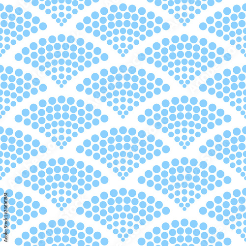 Abstract halftone dots seamless pattern. Blue circles on the white background. Vector graphic illustration of fish scale.