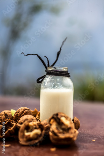 Close up of walnut or akhrot on wooden surface in a clay bowl with a small transparent bottle used to make dry fruit milkshake. photo