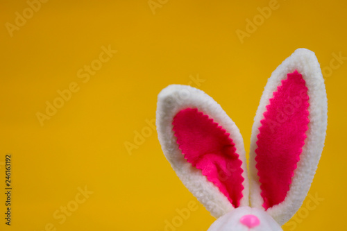 Easter background. Right Easter bunny ears on a yellow background. Cropped shot, close-up, nobody, horizontal, blurred, free space. Easter concept.