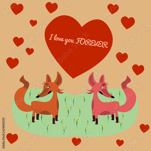 Cute lover couple fox on grass and flower. Valentine's day concept