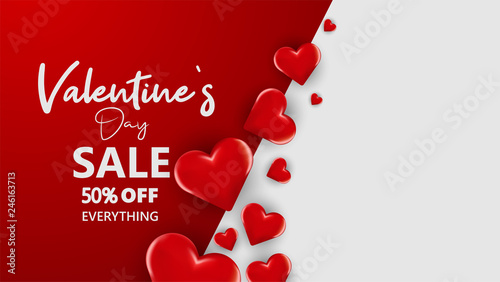     Promo Web Banner for Valentine's Day Sale. Beautiful Background with Red Hearts. Vector Illustration with Seasonal Offer. - Vector 