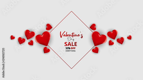     Promo Web Banner for Valentine's Day Sale. Beautiful Background with Red Hearts. Vector Illustration with Seasonal Offer. - Vector 