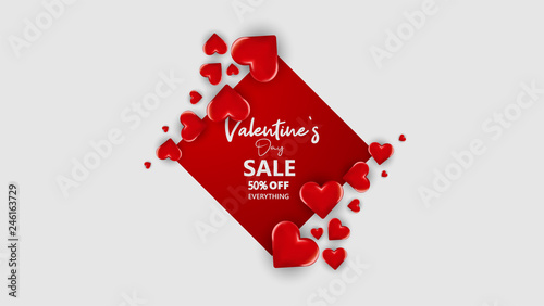     Promo Web Banner for Valentine's Day Sale. Beautiful Background with Red Hearts. Vector Illustration with Seasonal Offer. - Vector 