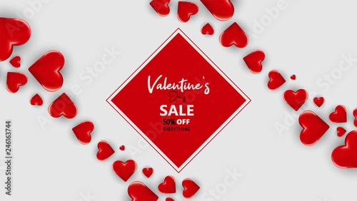     Promo Web Banner for Valentine's Day Sale. Beautiful Background with Red Hearts. Vector Illustration with Seasonal Offer. - Vector 