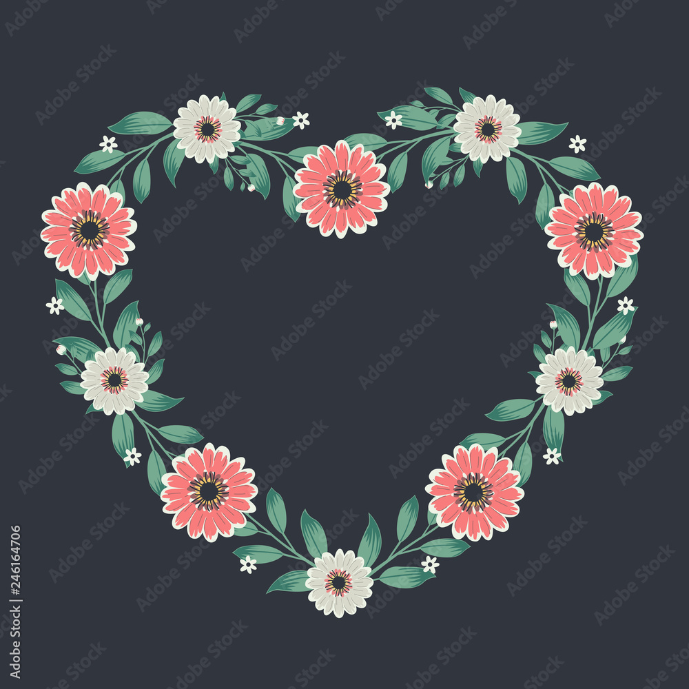 Floral greeting card and invitation template for wedding or birthday anniversary, Vector heart shape of text box label and frame, Cosmos flowers wreath ivy style with branch and leaves.