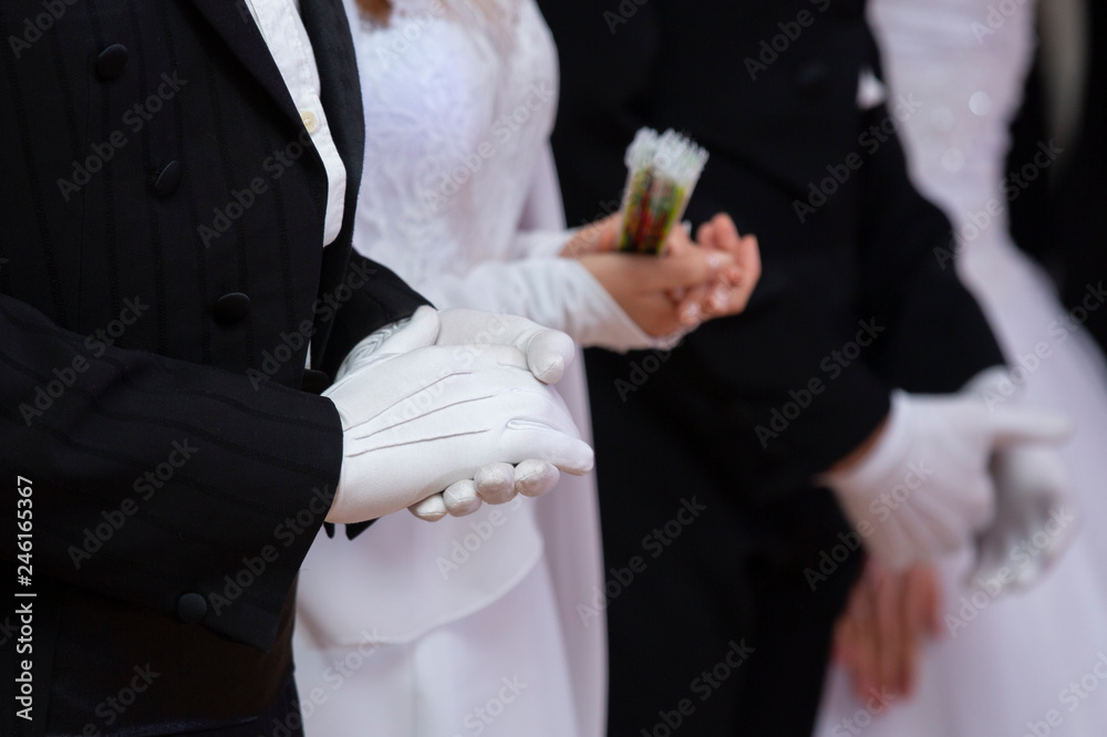 Wedding theme, holding hands newlyweds White gloves Wedding theme, holding hands newlyweds White gloves