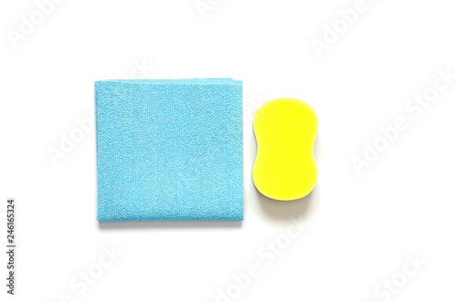 Detergents and cleaning accessories. Cleaning service, small business idea, spring cleaning concept. Flat lay, Top view.