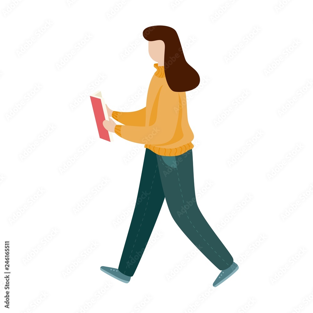 Girl reading a book and walking. Flat style