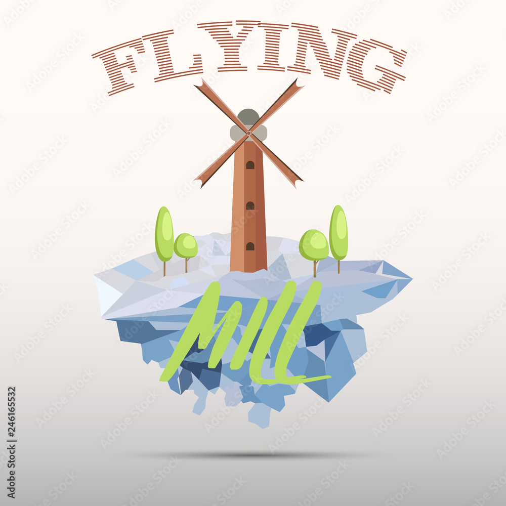 windmill and trees on iceberg. flat design. t-shirt and logo design.EPS 10. vector illustration windmill and trees on iceberg. flat design. t-shirt and logo design.EPS 10. vector illustration