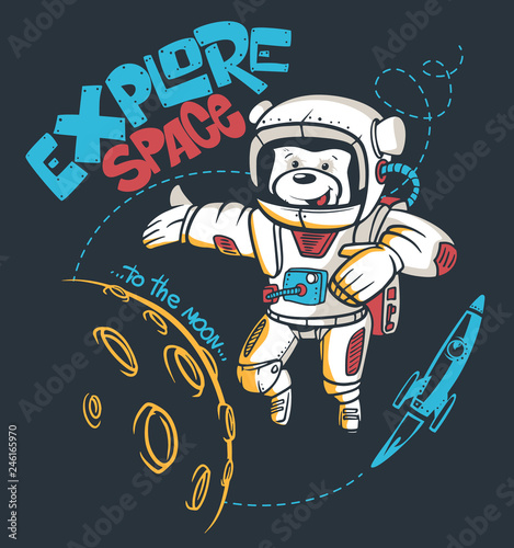Fototapeta Naklejka Na Ścianę i Meble -  Cartoon teddy bear astronaut, space graphic,  t-shirt print