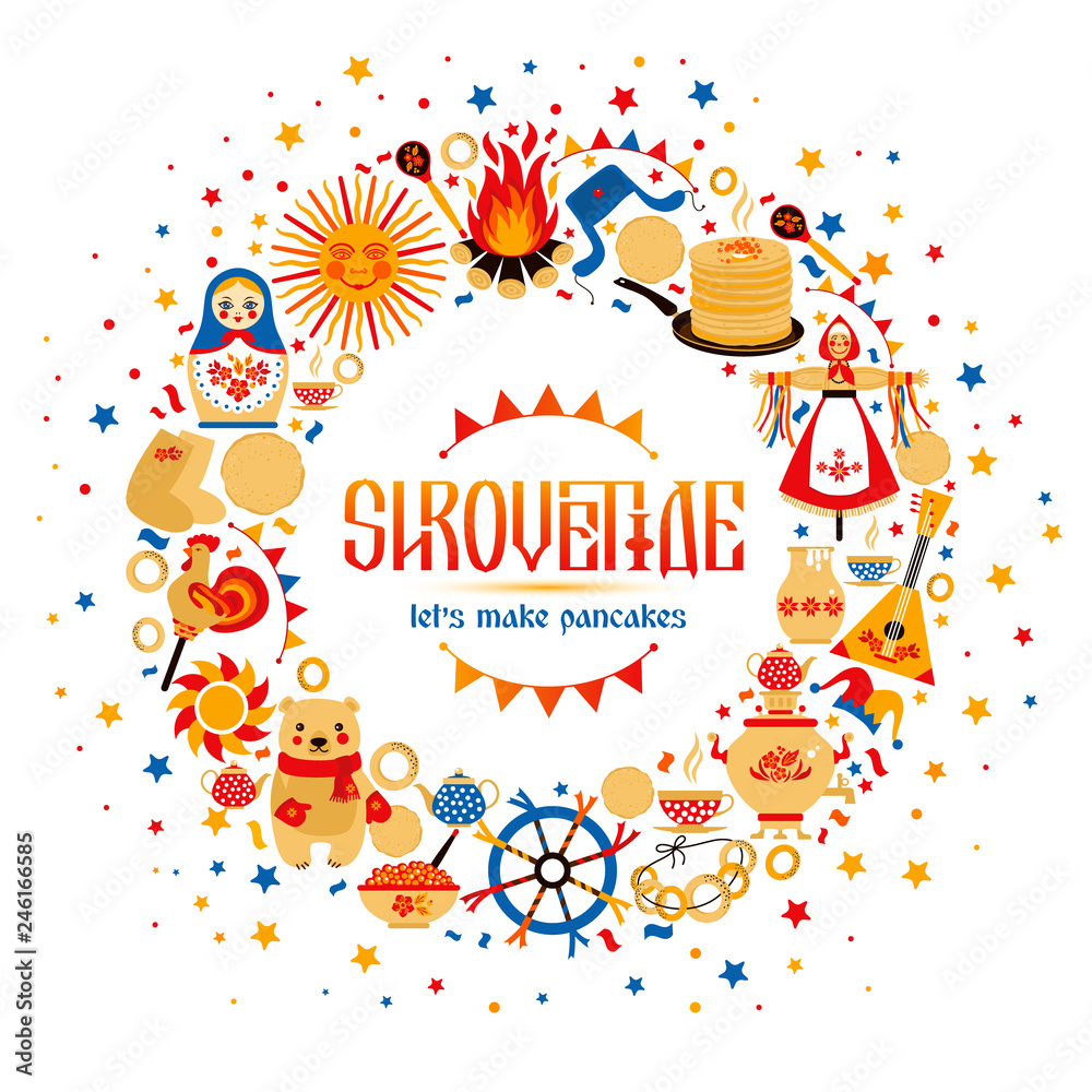 Fototapeta premium Vector set on the theme of the Russian holiday Carnival. Russian Shrovetide or Maslenitsa.