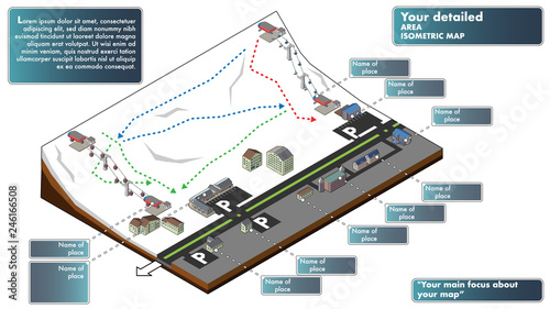 Isometric style ski resort, resort map.