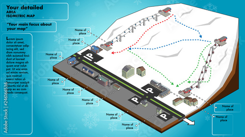 Isometric style ski resort, resort map.